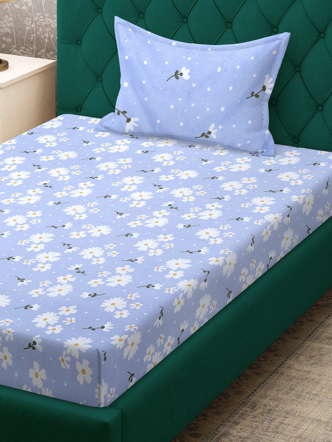 Blue Floral 300 TC Cotton Blend Fitted Single Bedsheet with Pillow Cover