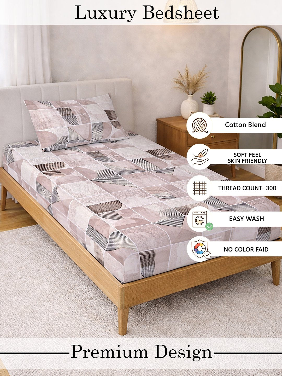 Multi Geometric Cotton Blend Single Bedsheet with Pillow Cover
