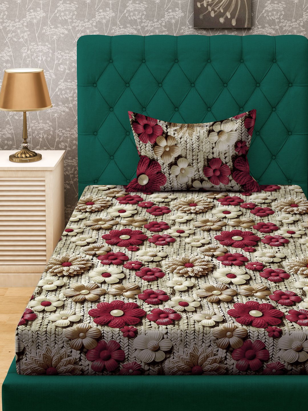 Beige Floral 7D Cotton Blend Single Bedsheet with Pillow Cover