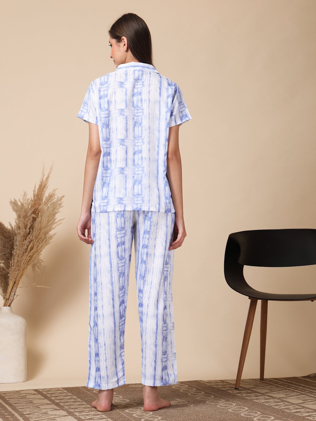 Blue Floral Cotton Blend Women Night Suit