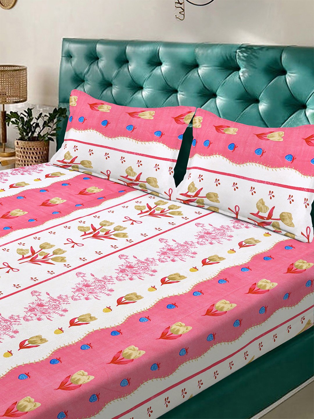 Pink Floral 300 TC Cotton Blend Fitted Double Bedsheet with 2 Pillow Covers