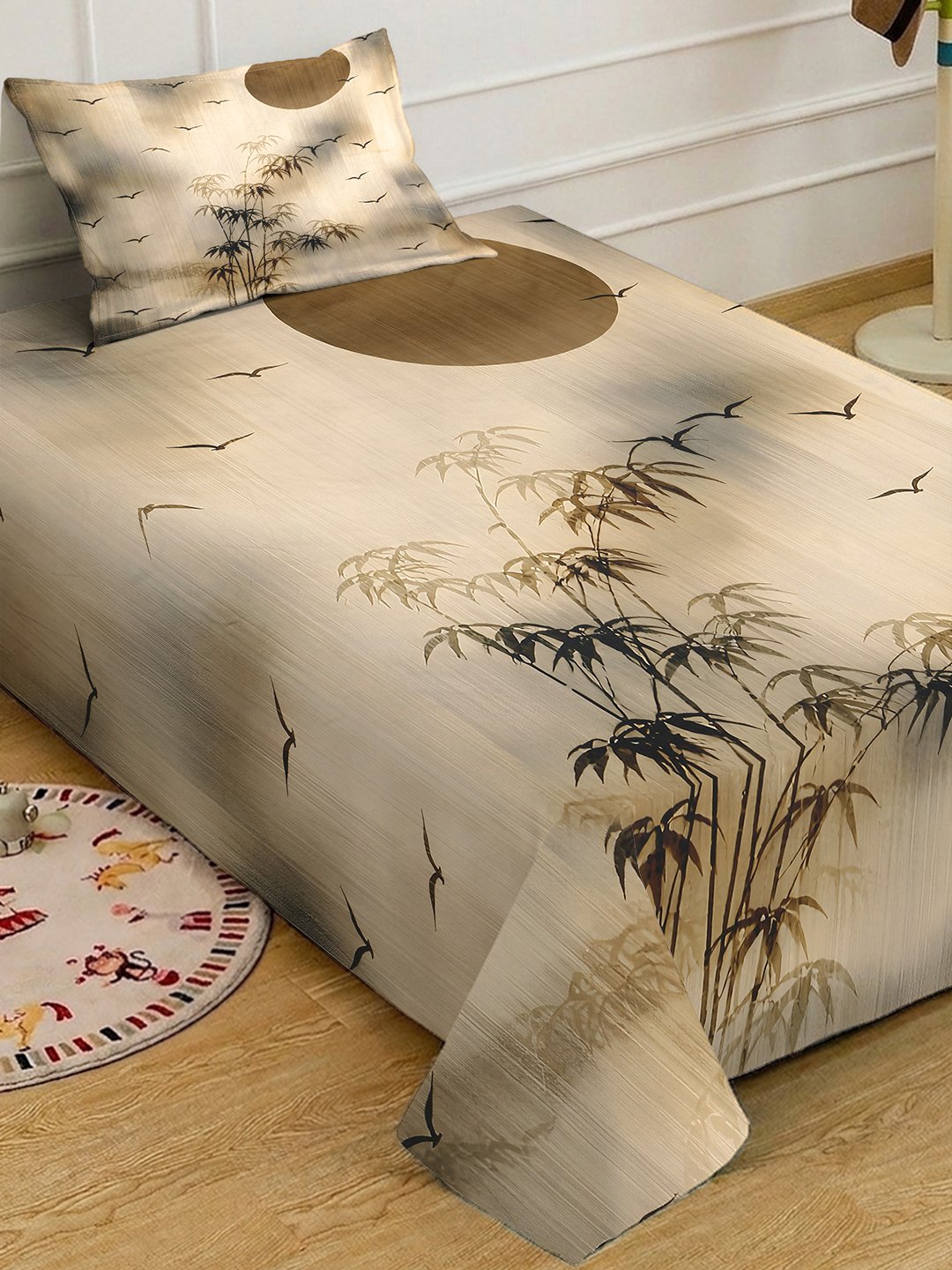 Beige Digital Floral Printed Cotton Blend Single Bedsheet with Pillow Cover