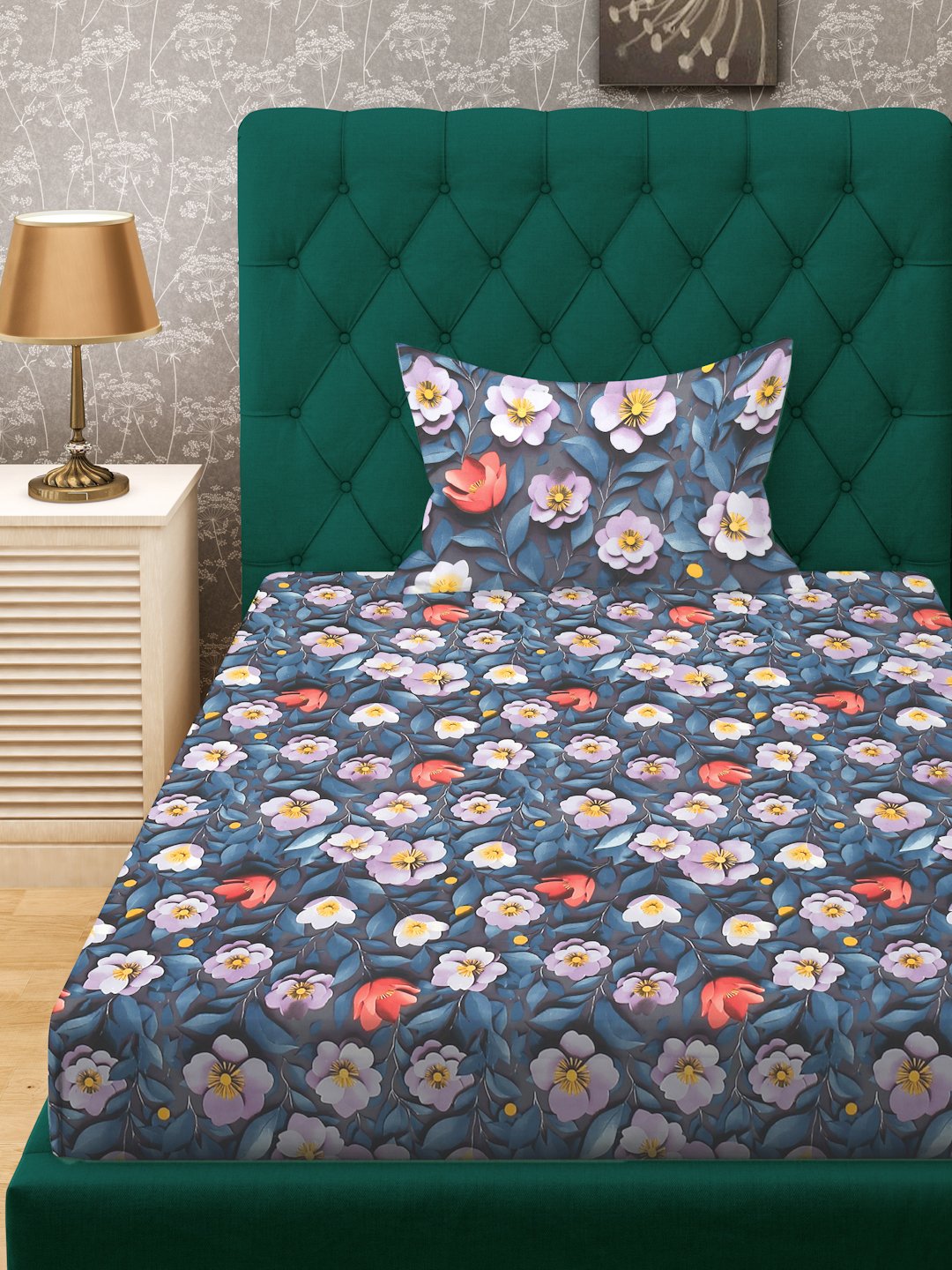 Blue Floral 7D Cotton Blend Single Bedsheet with Pillow Cover