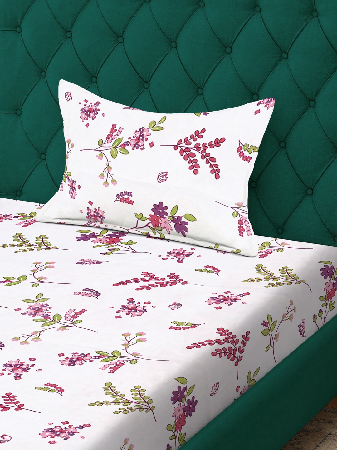White Floral 300 TC Cotton Blend Single Bedsheet with Pillow Cover