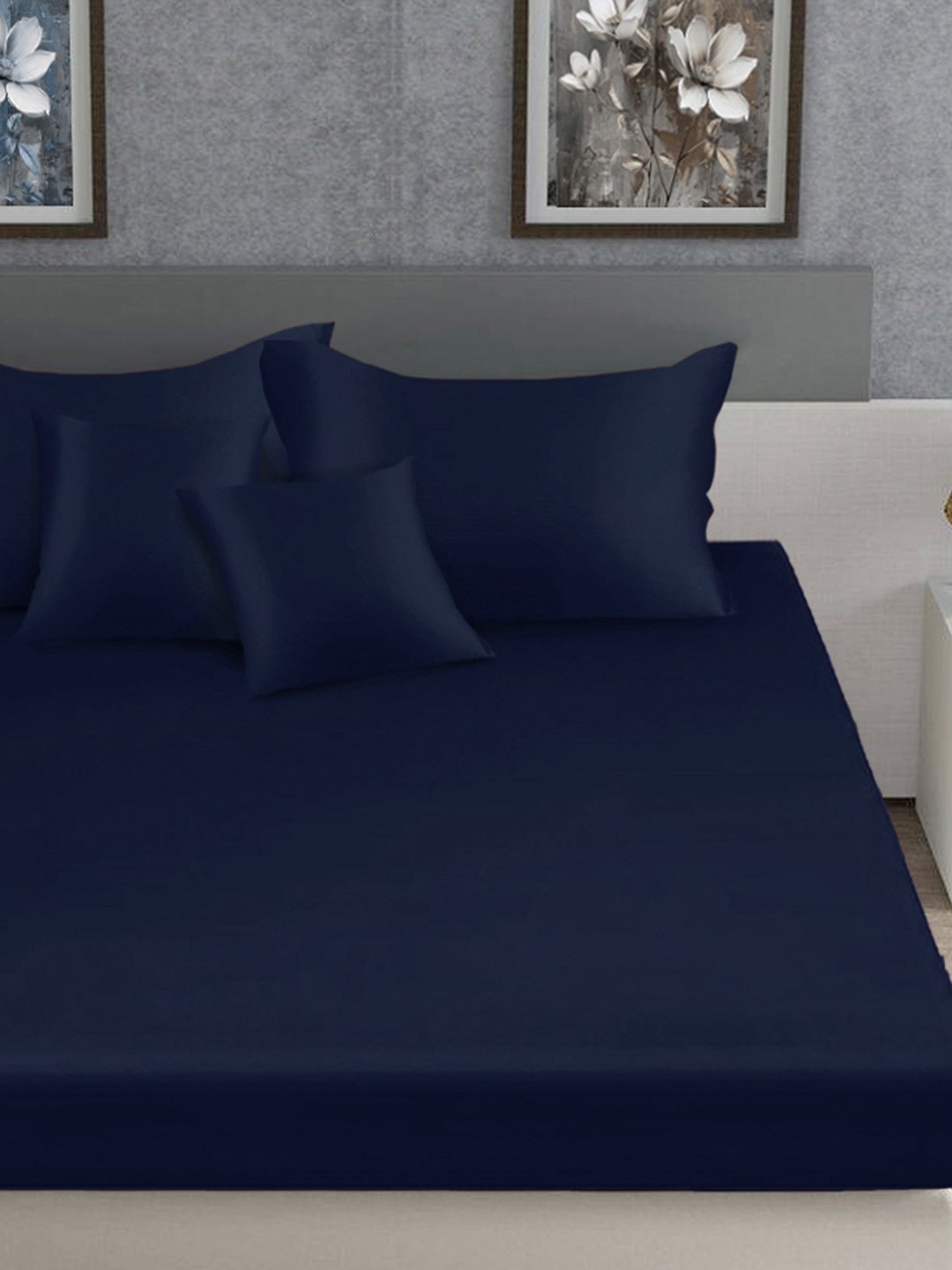 Blue Solid 400 TC Satin Fitted Super King Double Bedsheet with 2 Pillow Covers & 2 Cushion Covers