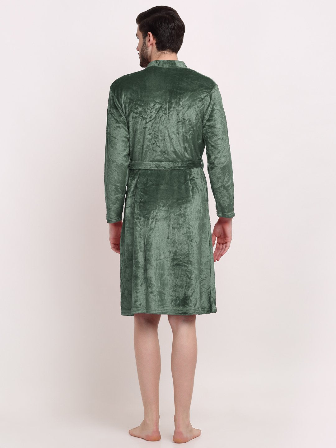 Men Green Solid Wool Bath Robe With Belt