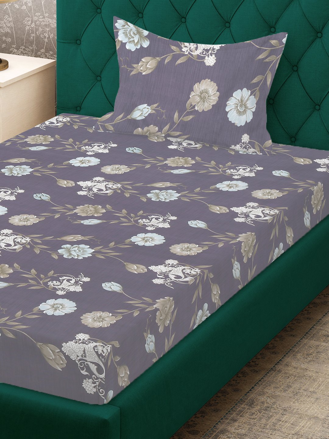 Multi Floral 300 TC Cotton Blend Single Bedsheet with Pillow Cover
