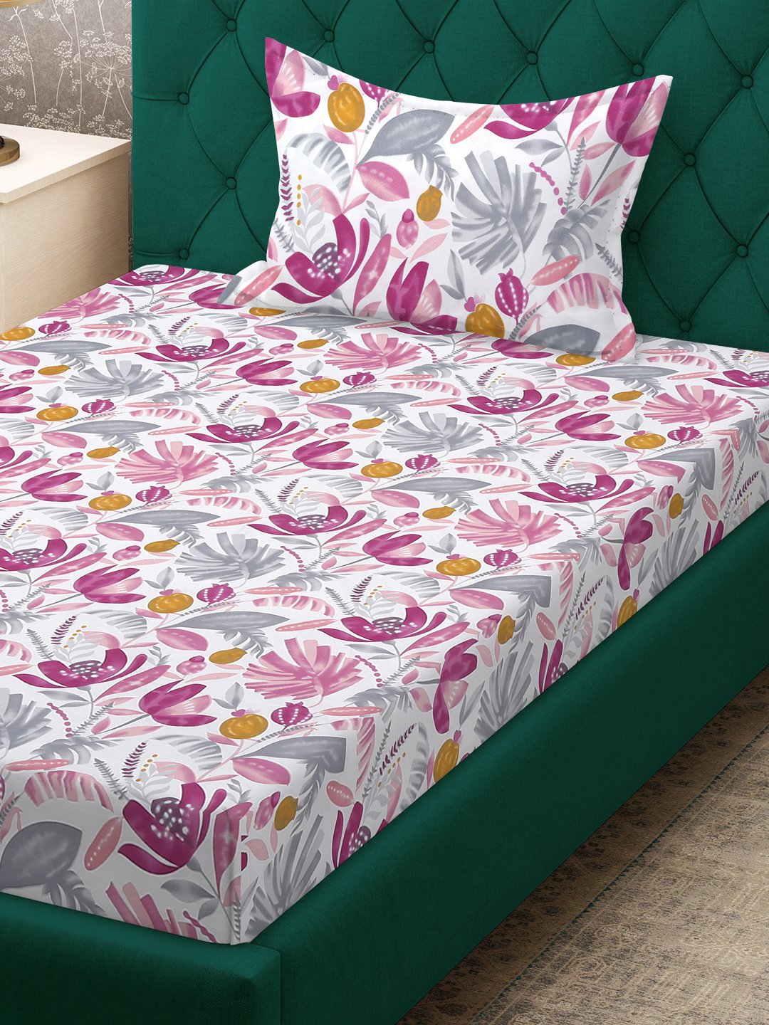 Multi Floral 300 TC Cotton Blend Single Bedsheet with Pillow Cover