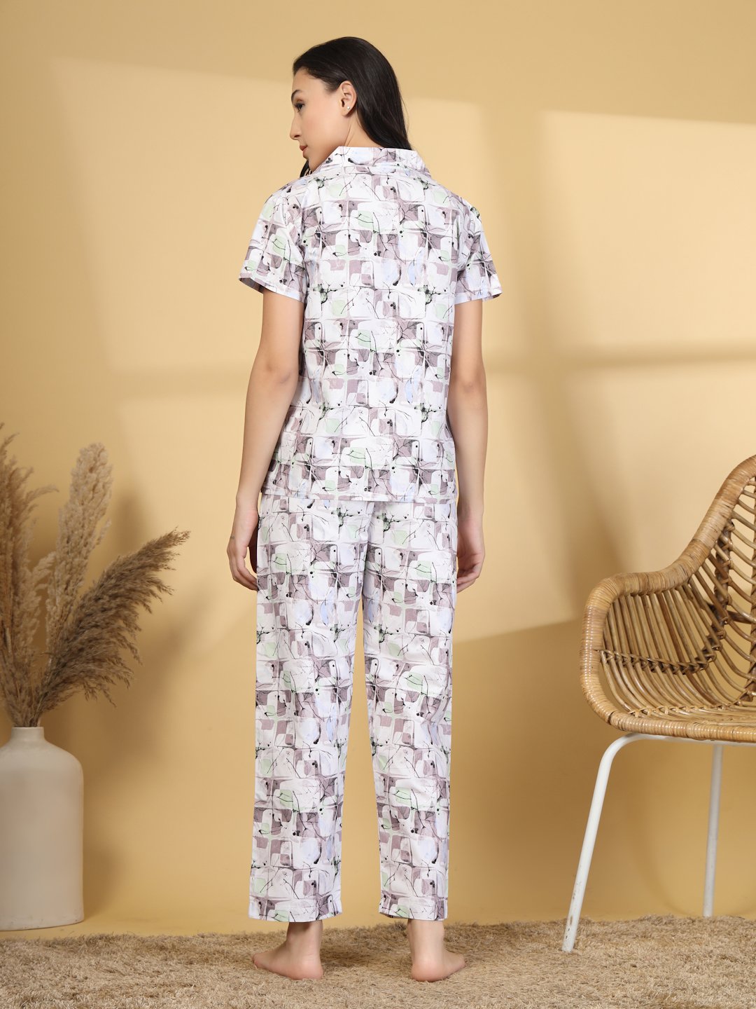 Women Purple Abstract Cotton Blend Night Suit