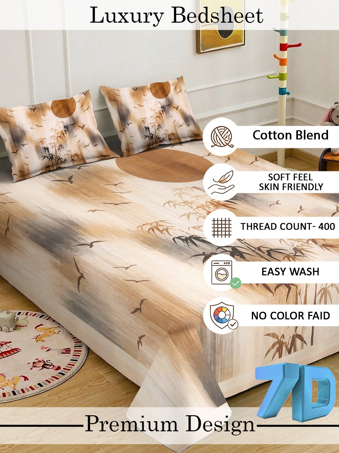 Beige Digital Floral Printed Fitted Cotton Blend Double Bedsheet with 2 Pillow Covers