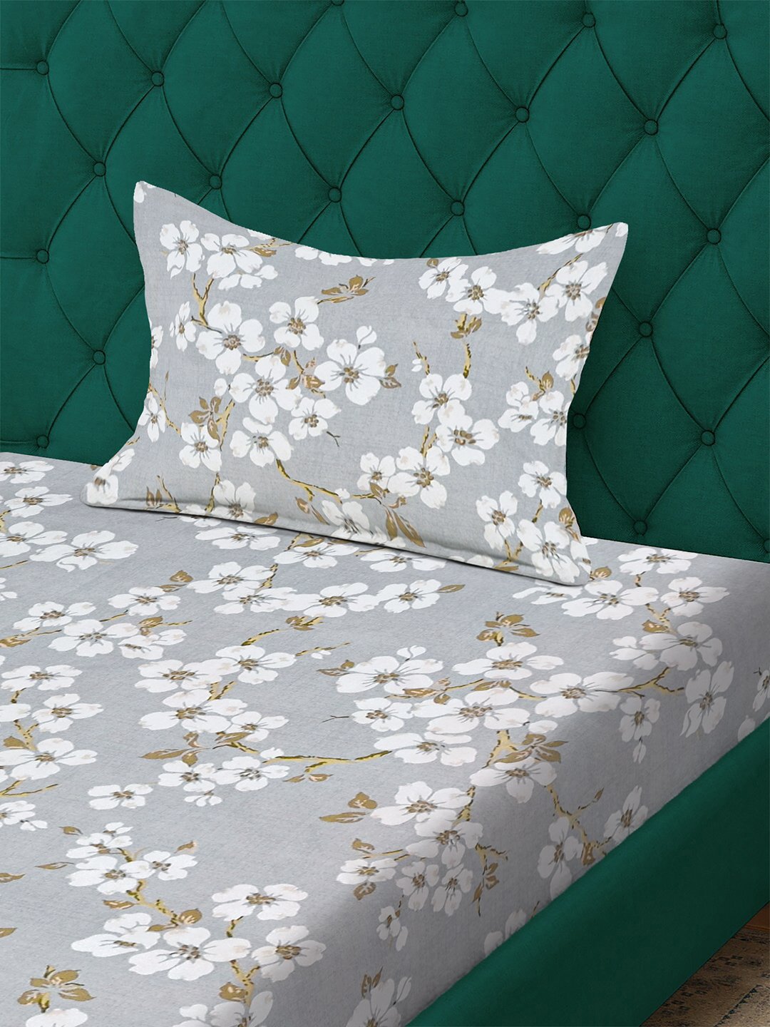 Grey Floral 300 TC Cotton Blend Fitted Single Bedsheet with Pillow Cover