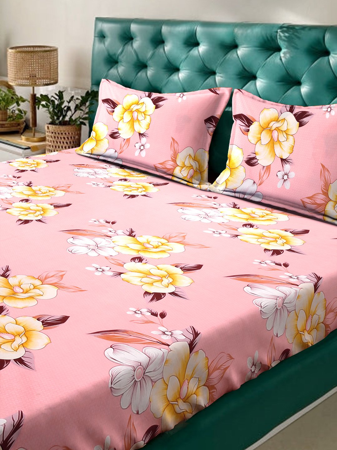 Pink Floral  300 TC Cotton Blend Double Bedsheet in Book Fold Packing