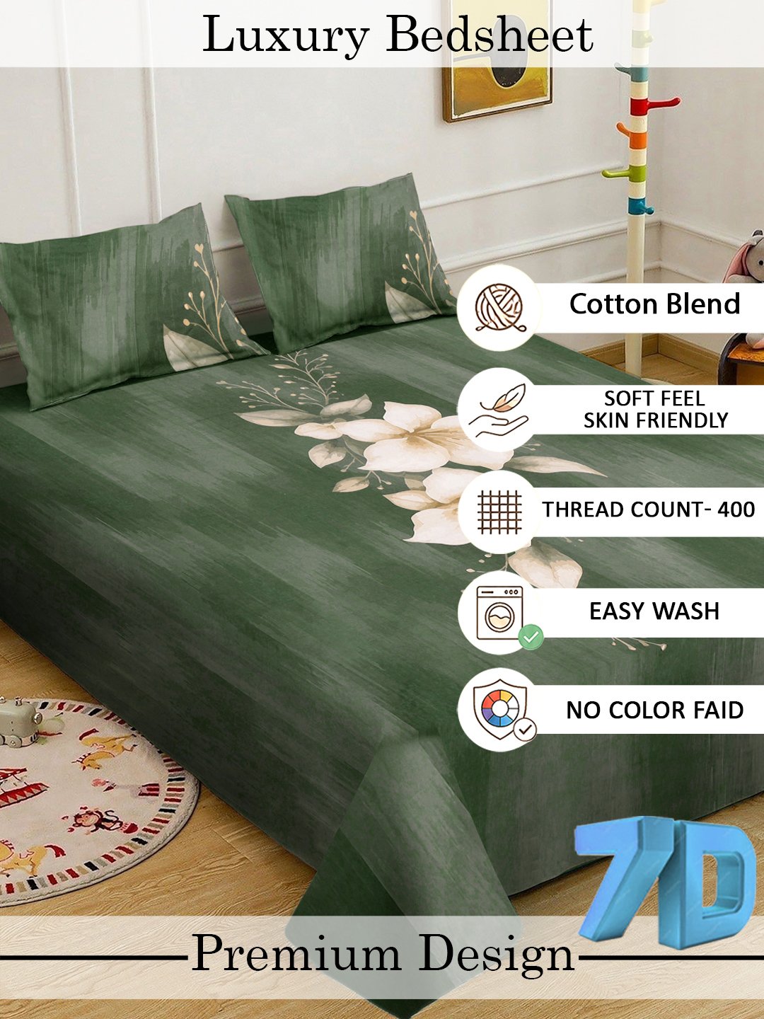 Green Digital Floral Printed Fitted Cotton Blend Double Bedsheet with 2 Pillow Covers