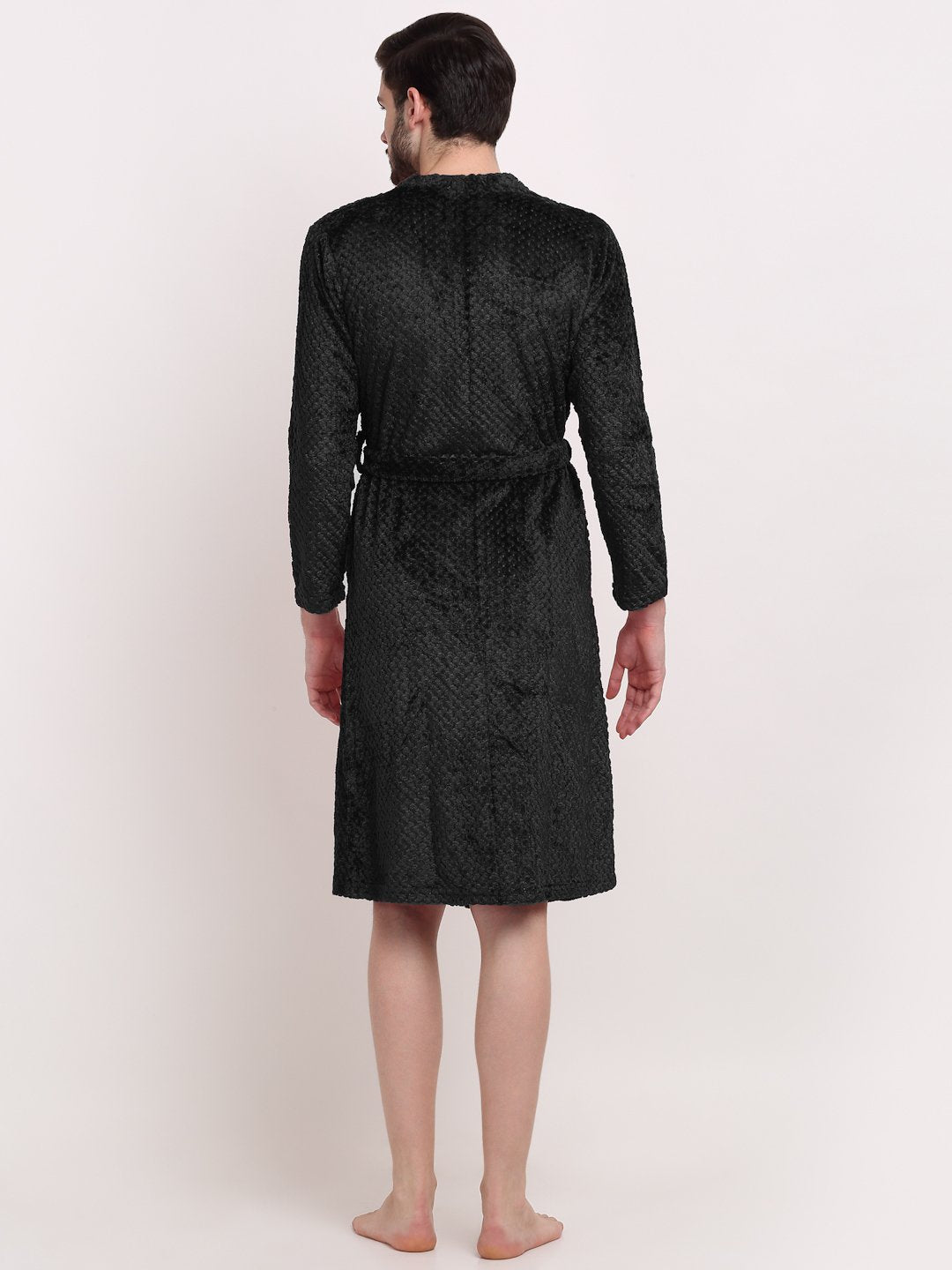 Men Black Self Design Wool Bath Robe With Belt