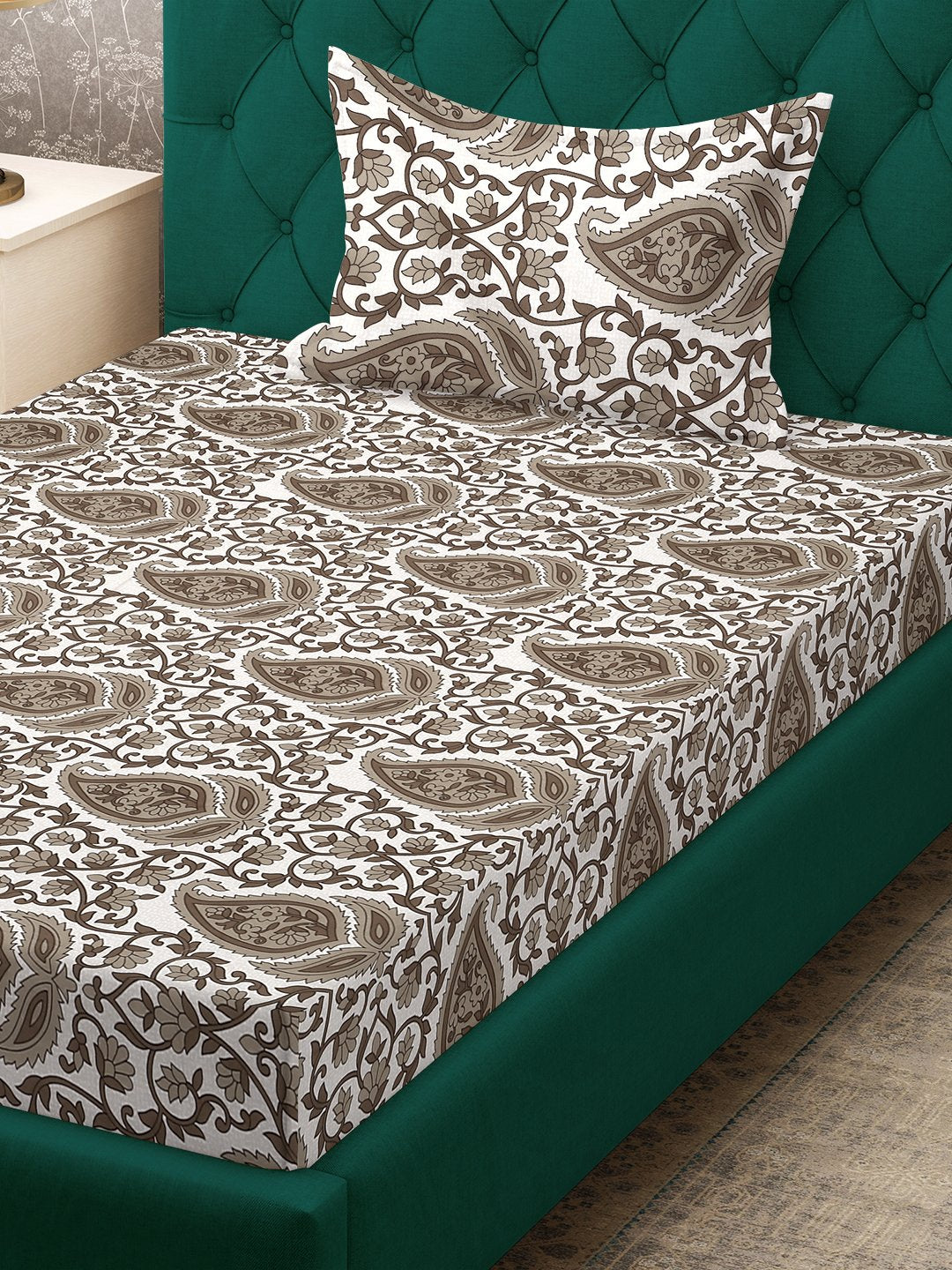 Begie Floral 300 TC Cotton Blend Fitted Single Bedsheet Set in Book Fold Packing