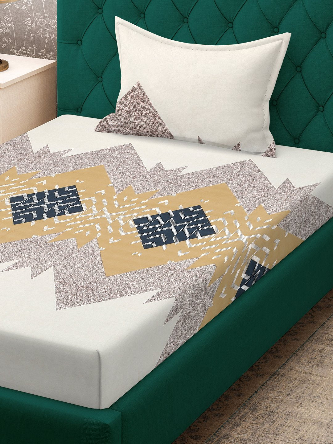 Multi Geometric 300 TC Cotton Blend Fitted Single Bedsheet Set in Book Fold Packing