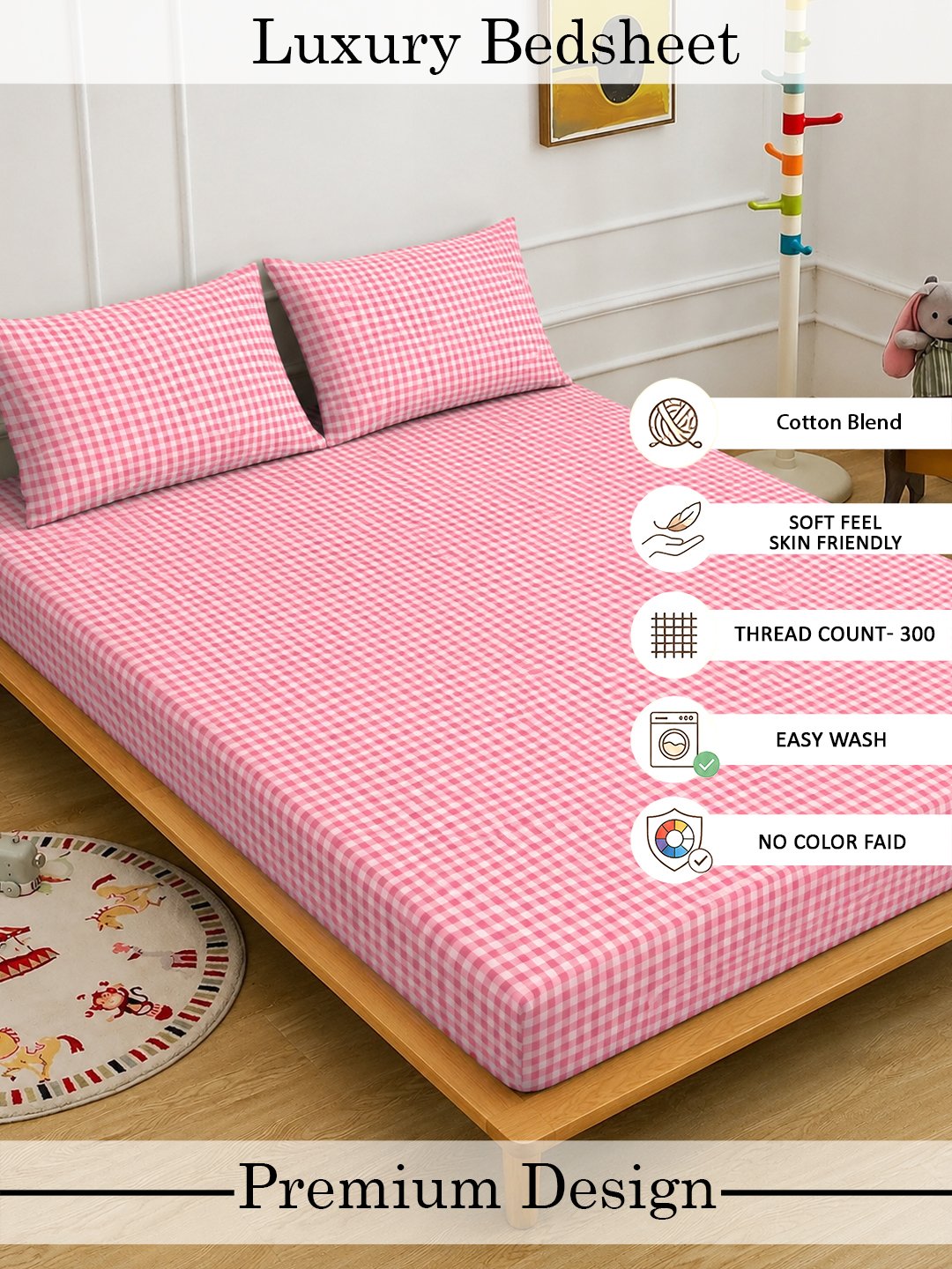 Red Checked Cotton Blend Double Bedsheet with 2 Pillow Covers