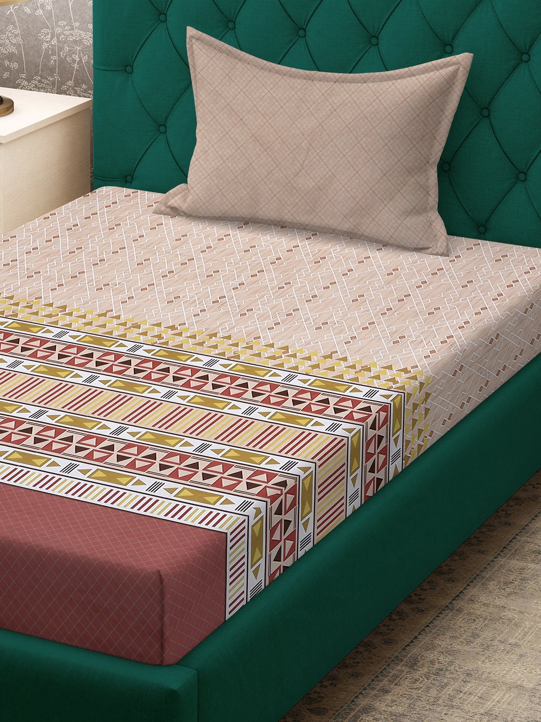Beige Ethnic Motifs 400 TC Pure Cotton Single Bedsheet with Pillow Cover