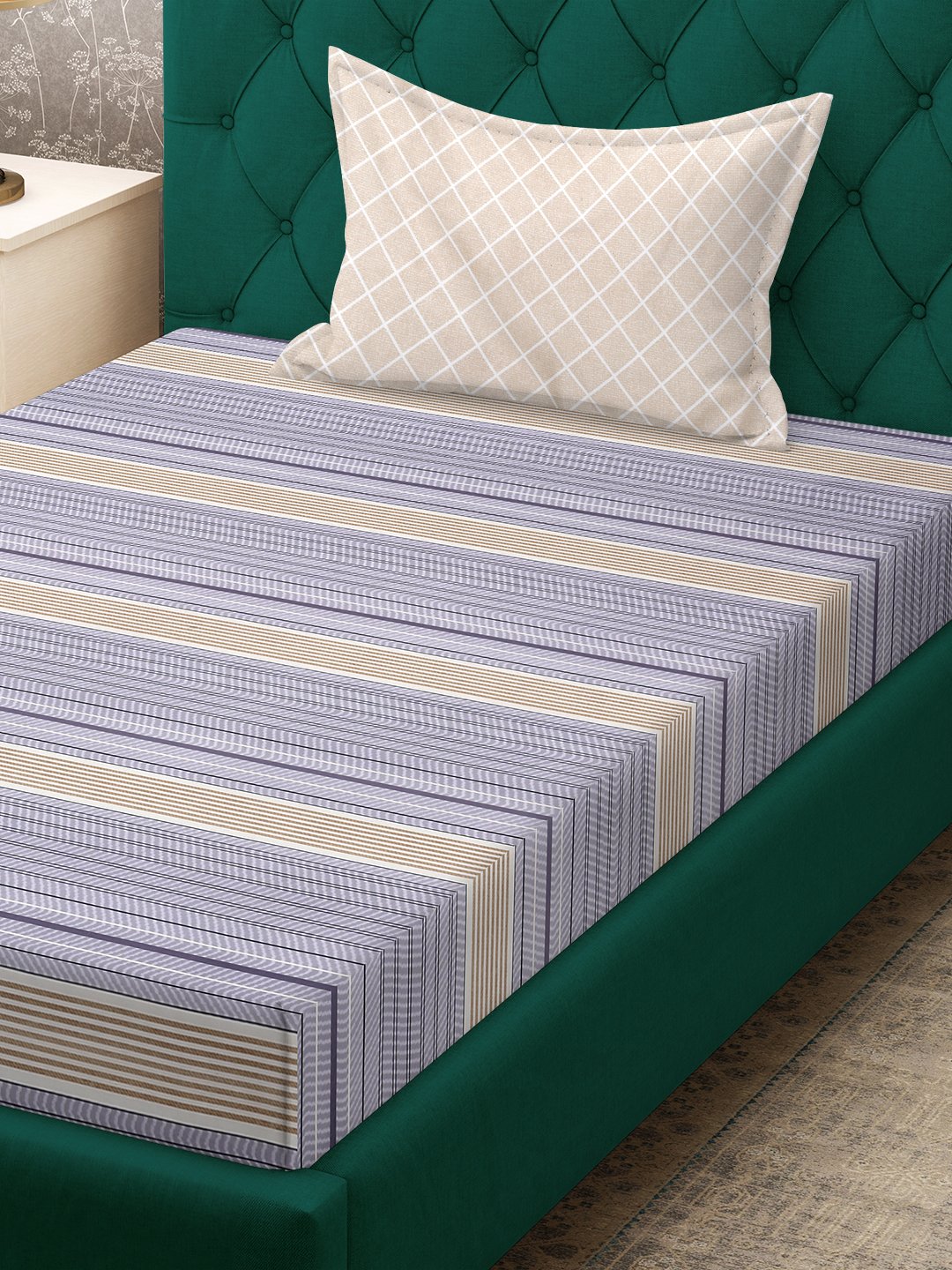Purple Striped 300 TC Cotton Blend Fitted Single Bedsheet Set in Book Fold Packing