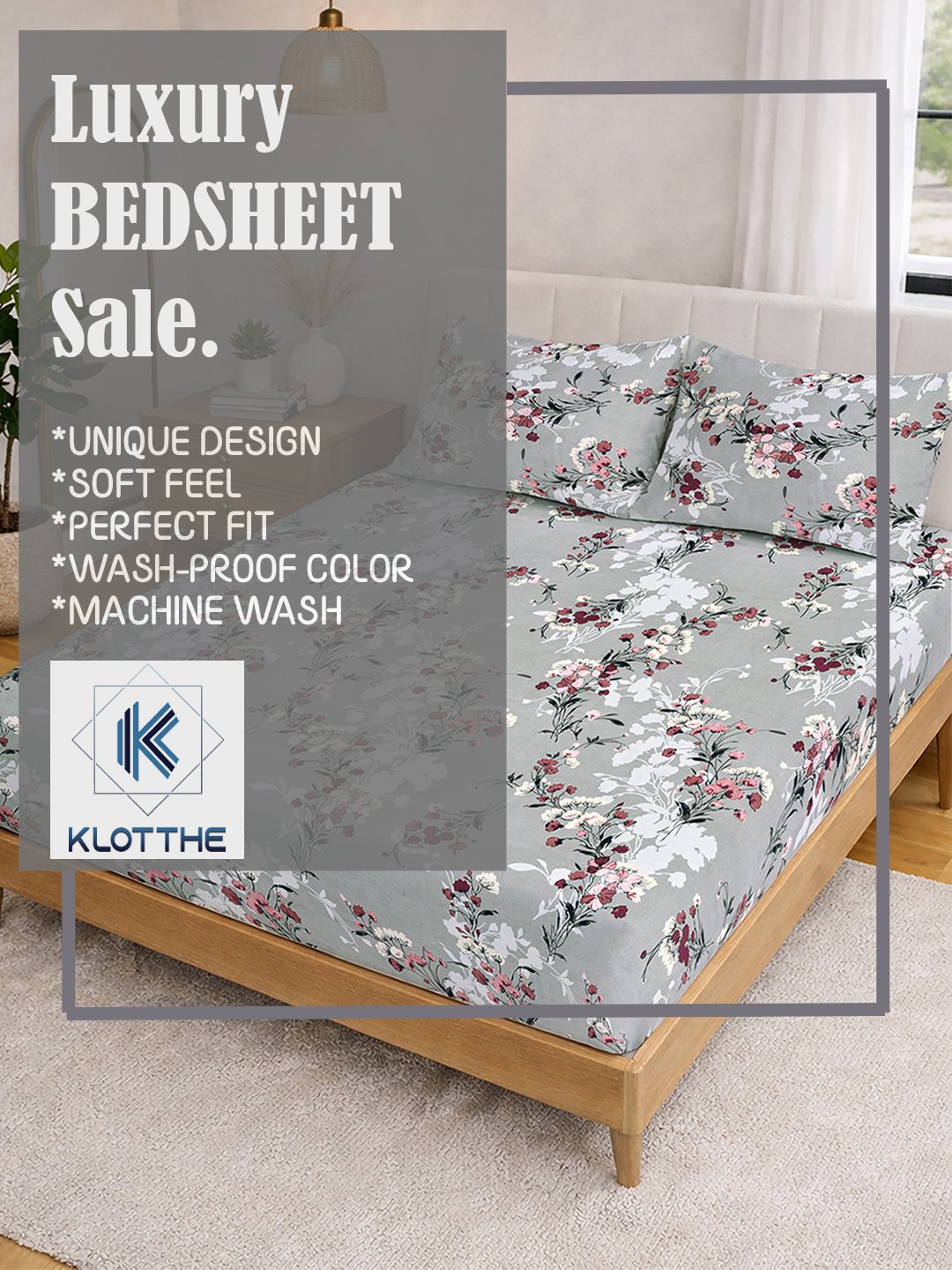 Grey Floral Fitted Fitted Cotton Blend Double Bedsheet with 2 Pillow Covers
