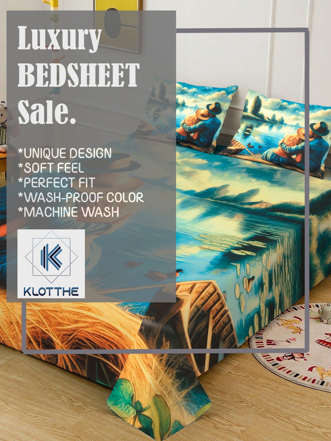 Blue Digital Abstract Printed Cotton Blend Double Bedsheet with 2 Pillow Covers