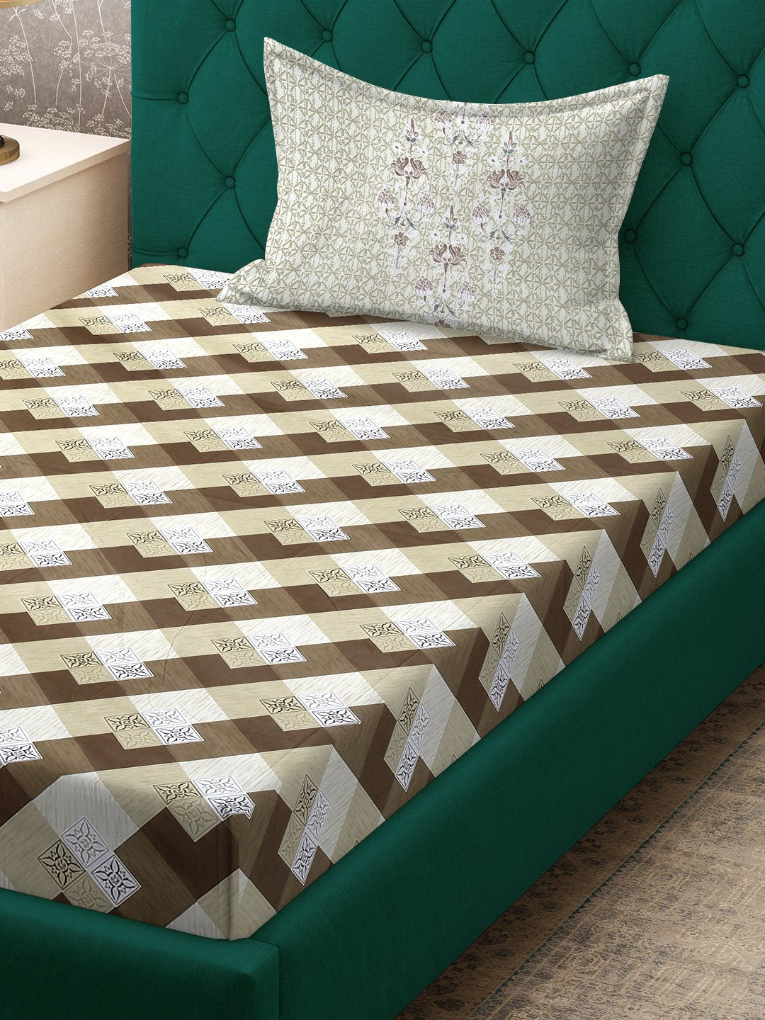 Brown Geometric 400 TC Pure Cotton Fitted Single Bedsheet with Pillow Cover