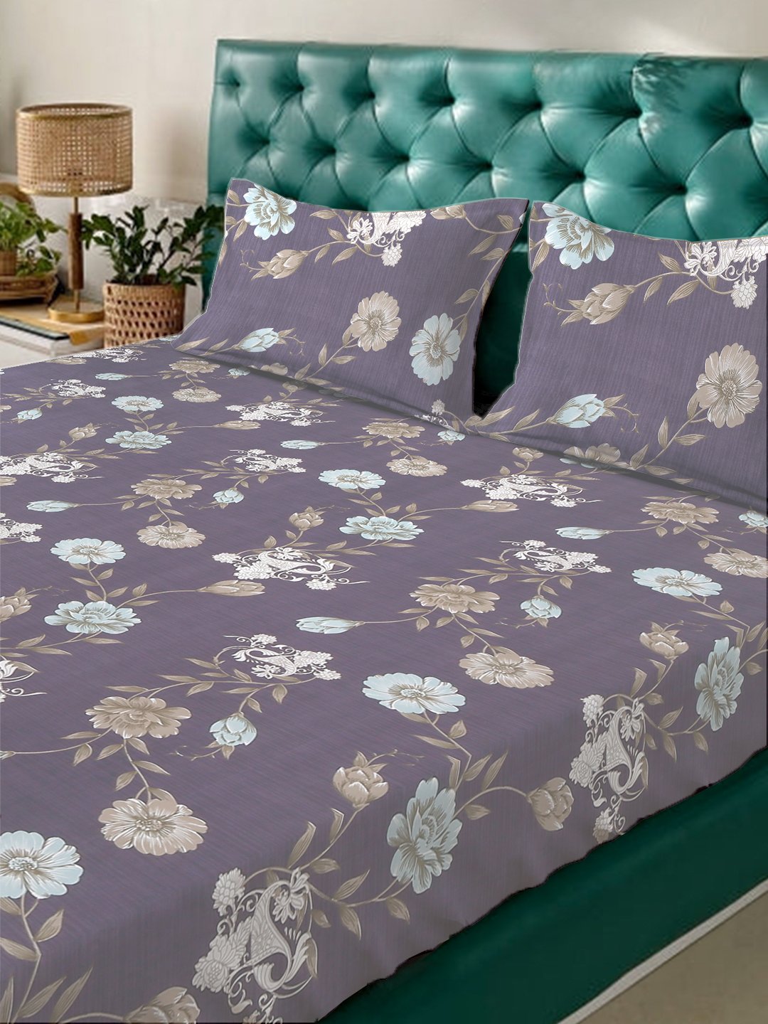 Multi Floral 300 TC Cotton Blend Fitted Double Bedsheet with 2 Pillow Covers
