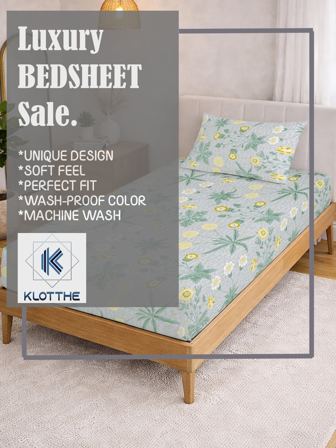 Green Floral Cotton Blend Fitted Single Bedsheet with Pillow Cover