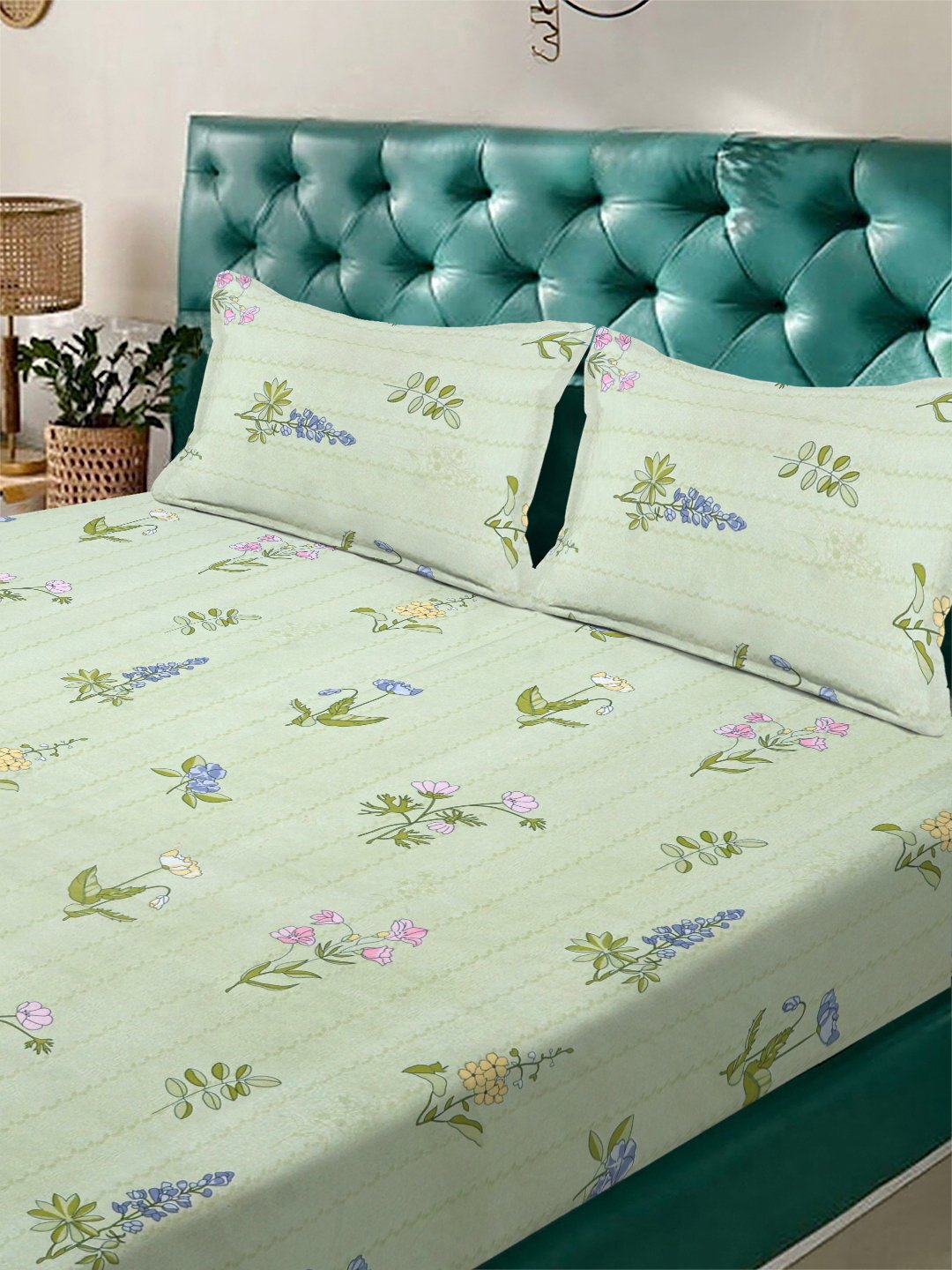 Green Floral 300 TC Cotton Blend Fitted Double Bedsheet with 2 Pillow Covers