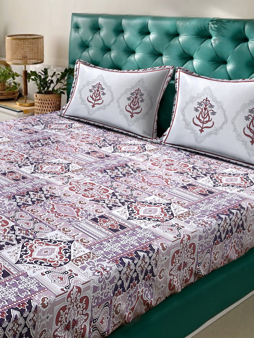 Purple Ethnic Motifs 400 TC Pure Cotton Super King Fitted Double Bedsheet with 2 Pillow Covers