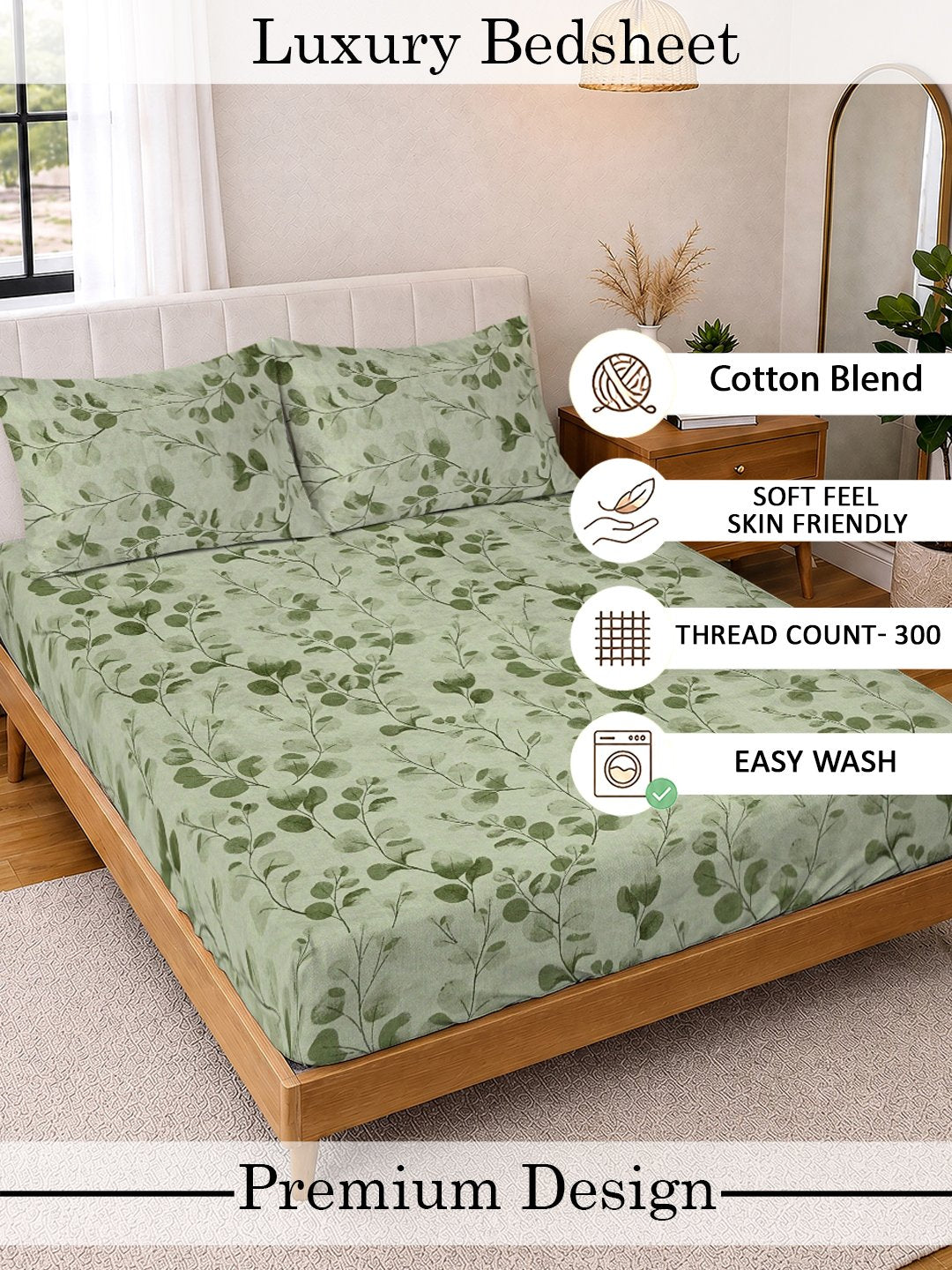 Green Floral Cotton Blend Double Bedsheet with 2 Pillow Covers