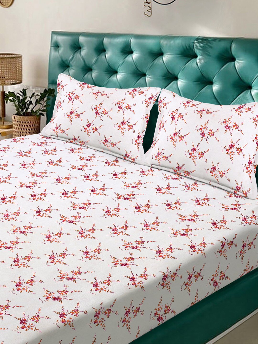 White Floral 300 TC Cotton Blend Double Bedsheet with 2 Pillow Covers