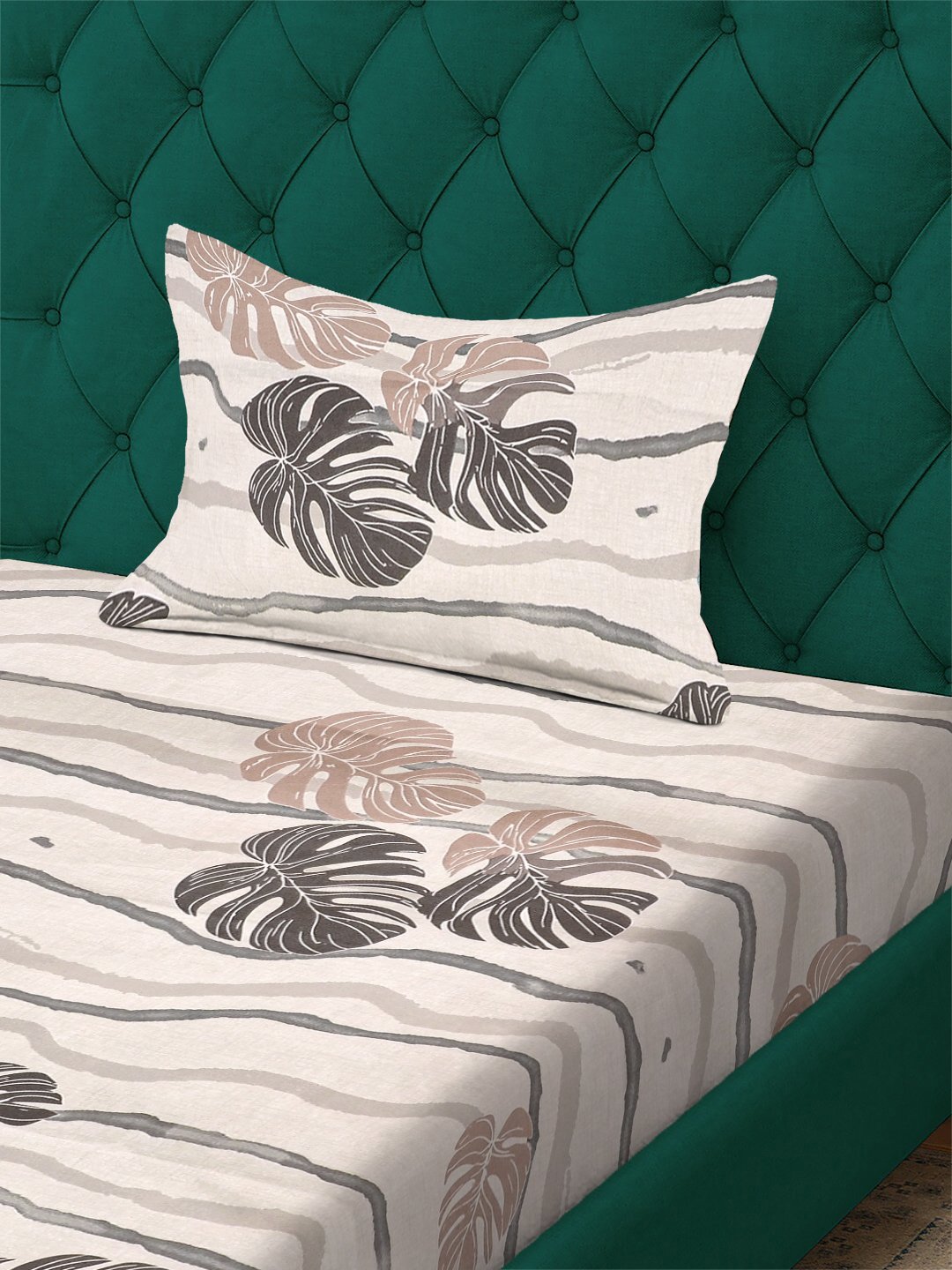 Beige Floral 300 TC Cotton Blend Fitted Single Bedsheet with Pillow Cover