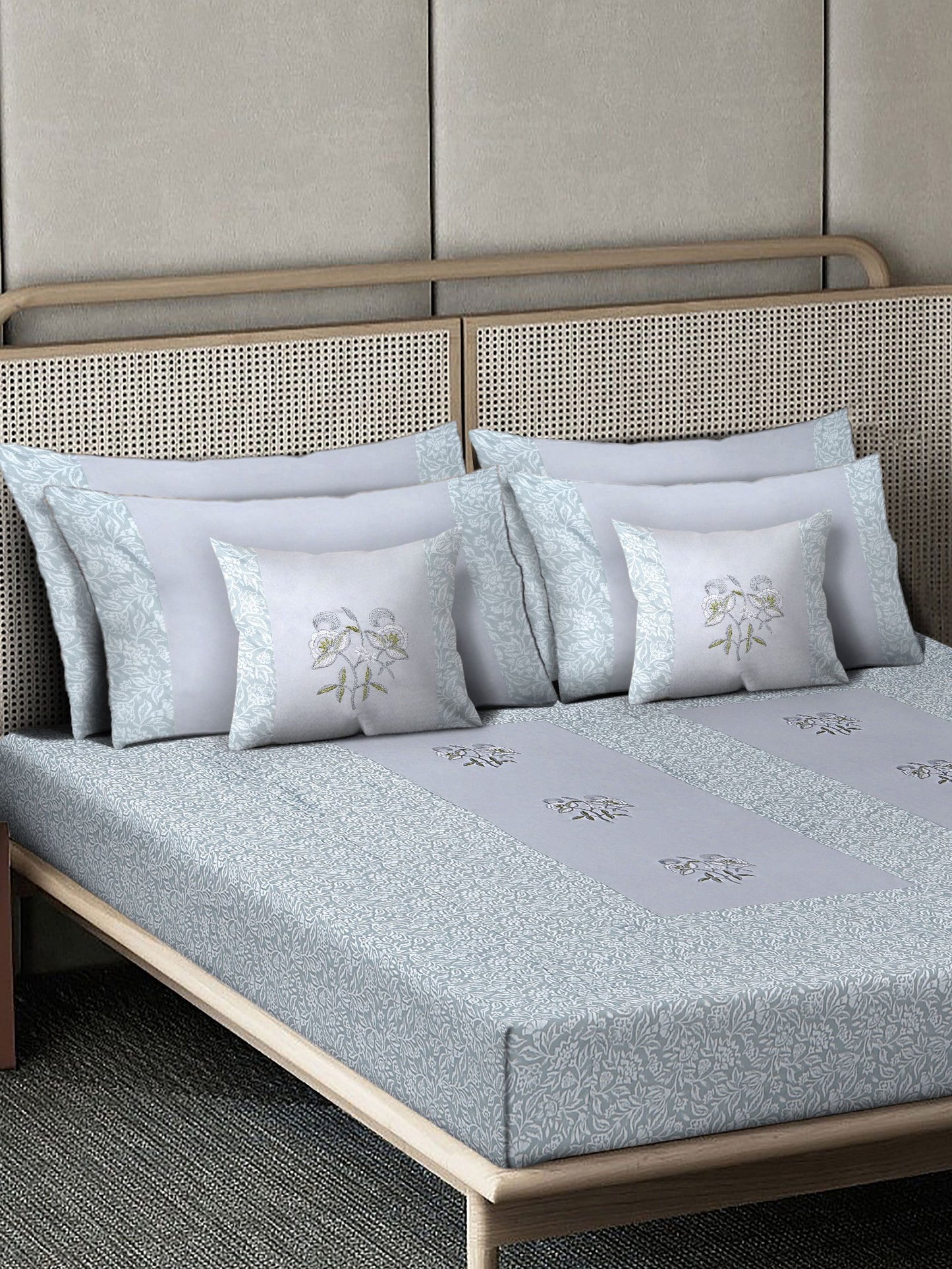 Grey Floral Embroidered 400 TC Cotton Fitted Double Bedsheet with 4 Pillow Covers & 2 Cushion Covers