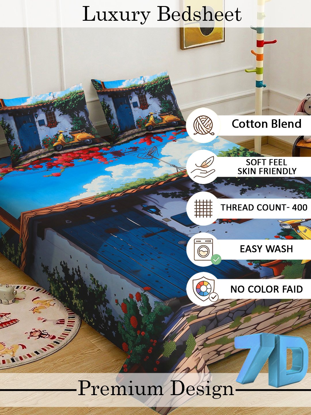 Blue Digital Abstract Printed Cotton Blend Double Bedsheet with 2 Pillow Covers