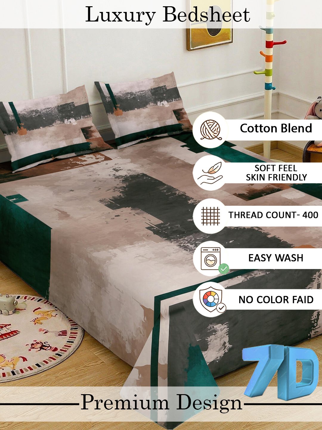 Brown Digital Geometric Printed Fitted Cotton Blend Double Bedsheet with 2 Pillow Covers