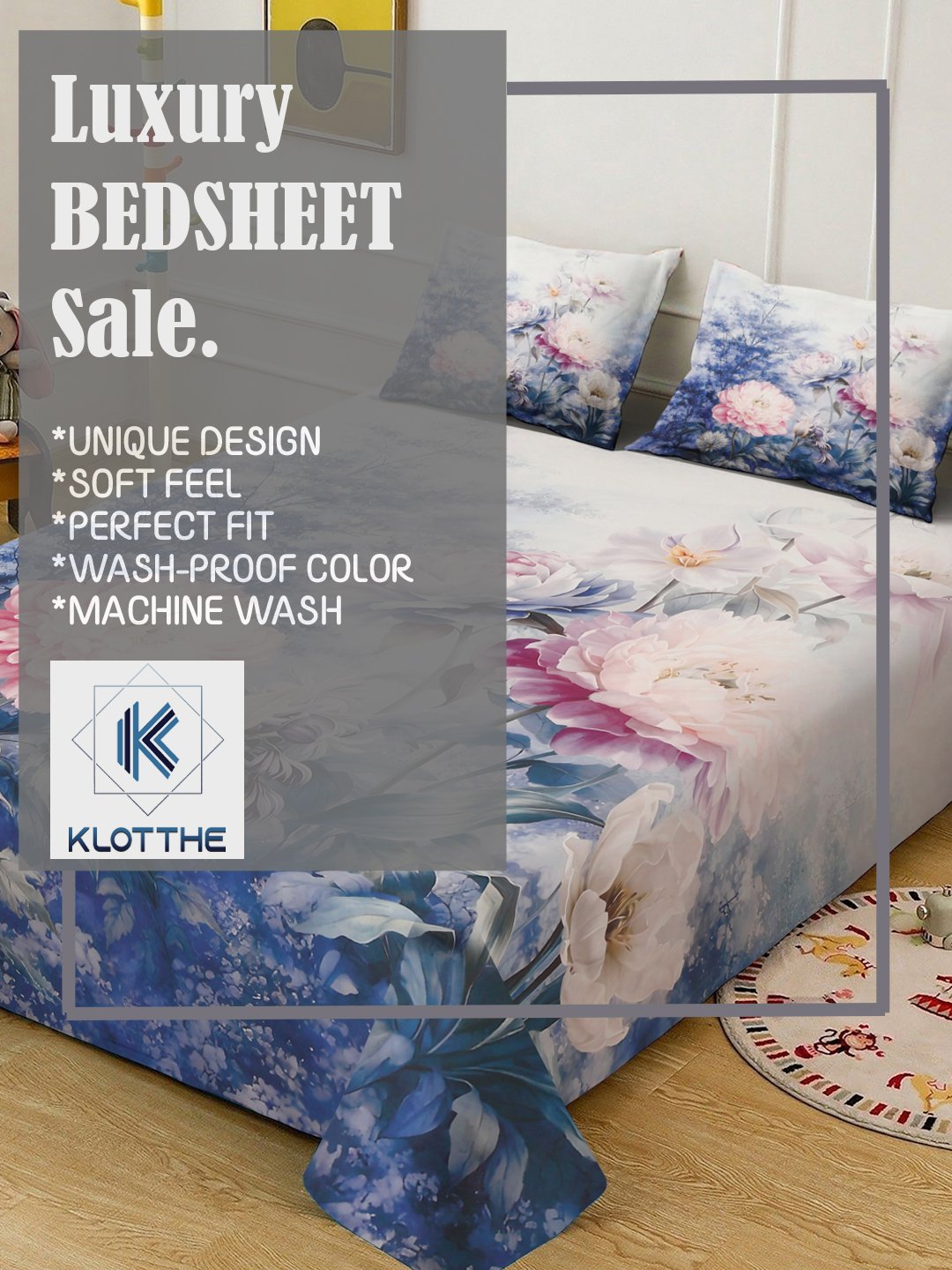 Blue Digital Floral Printed Cotton Blend Double Bedsheet with 2 Pillow Covers