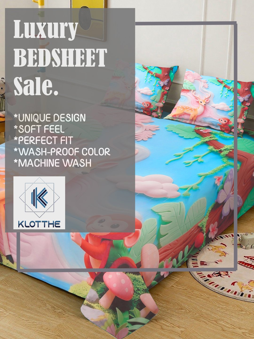 Multi Digital Animal Printed Cotton Blend Fitted Double Bedsheet with 2 Pillow Covers