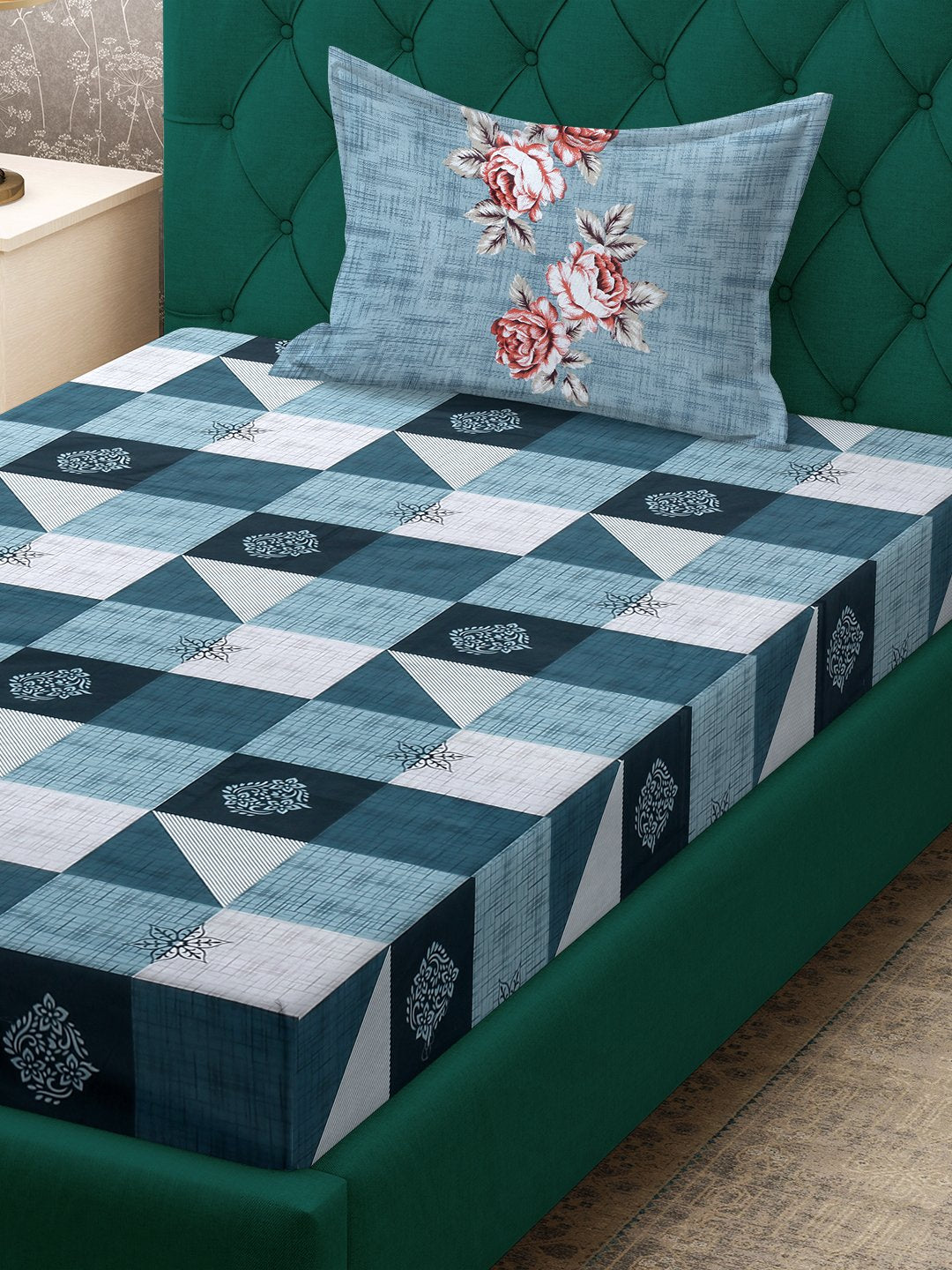 Blue Geometric 400 TC Pure Cotton Single Bedsheet with Pillow Cover