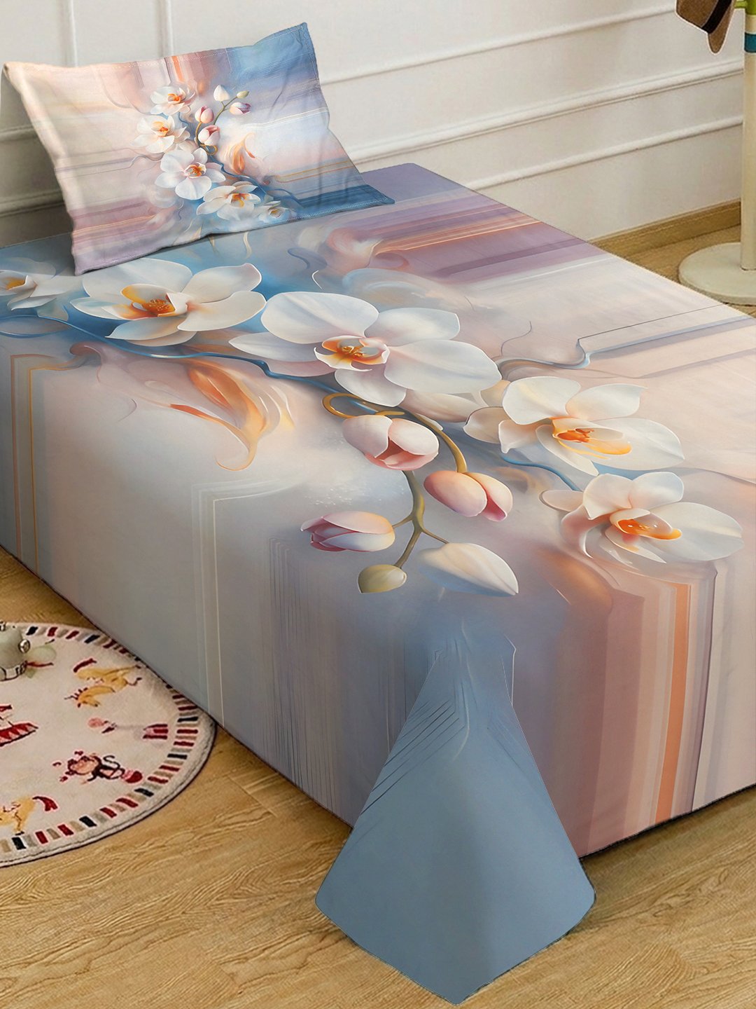 Multi Digital Floral Printed Cotton Blend Single Bedsheet with Pillow Cover