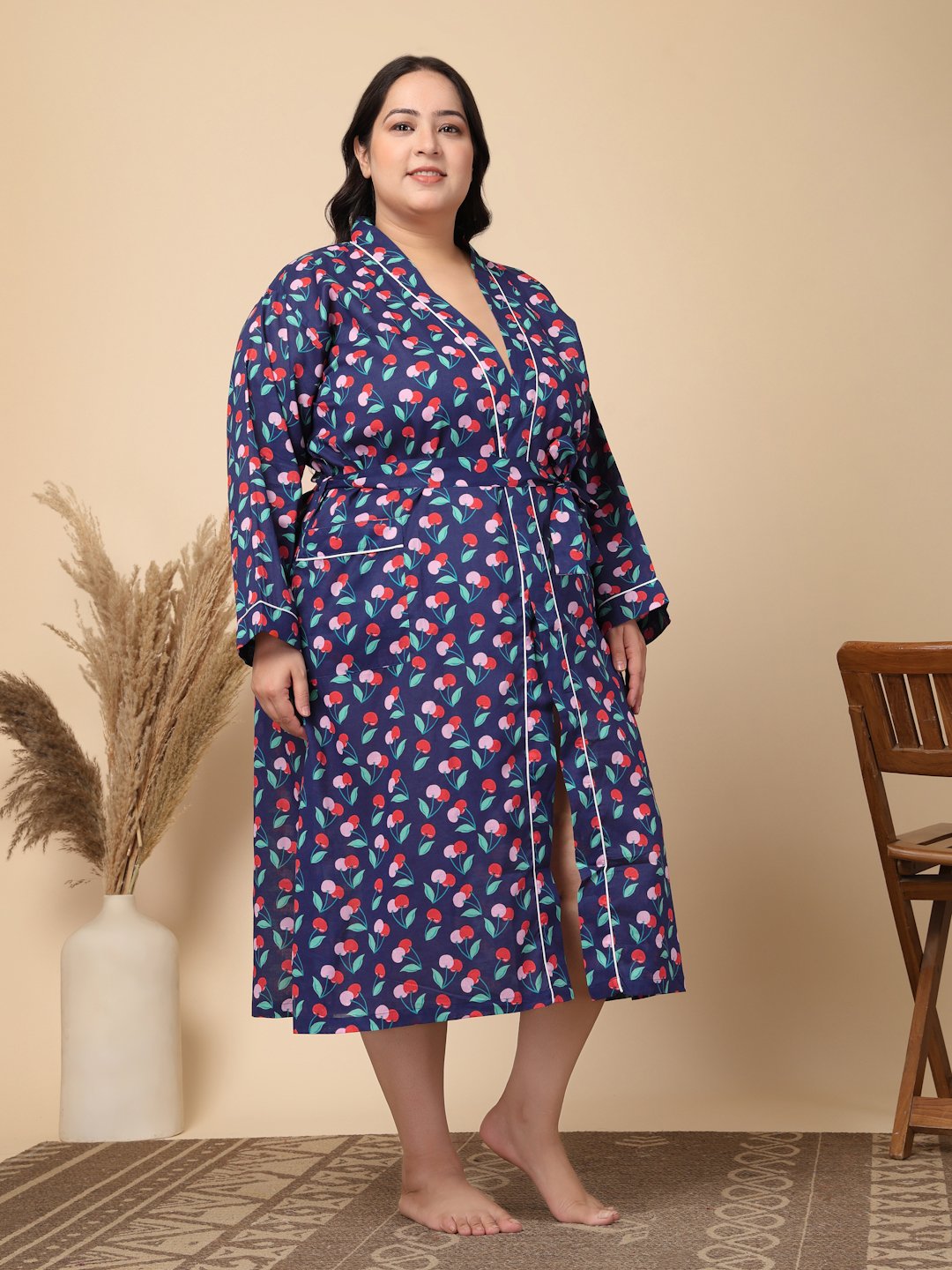 Women Printed Blue Abstract Plus Size Pure Cotton Bath Robe With Belt