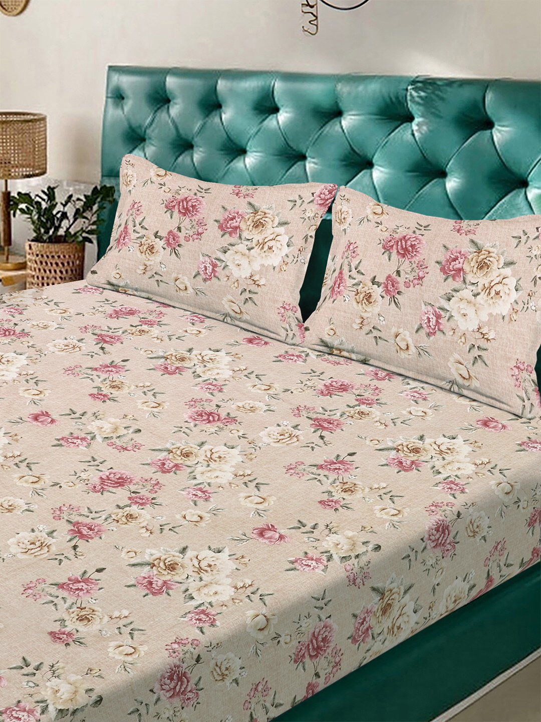 Beige Floral 300 TC Cotton Blend Fitted Double Bedsheet with 2 Pillow Covers