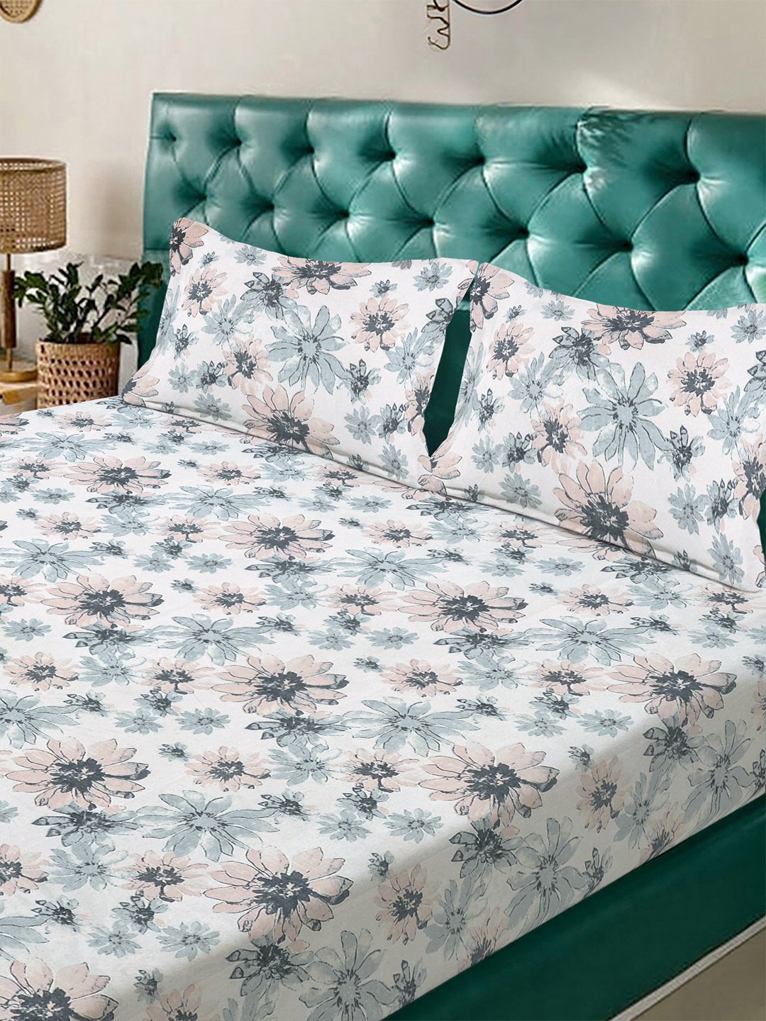 White Floral 300 TC Cotton Blend Double Bedsheet with 2 Pillow Covers