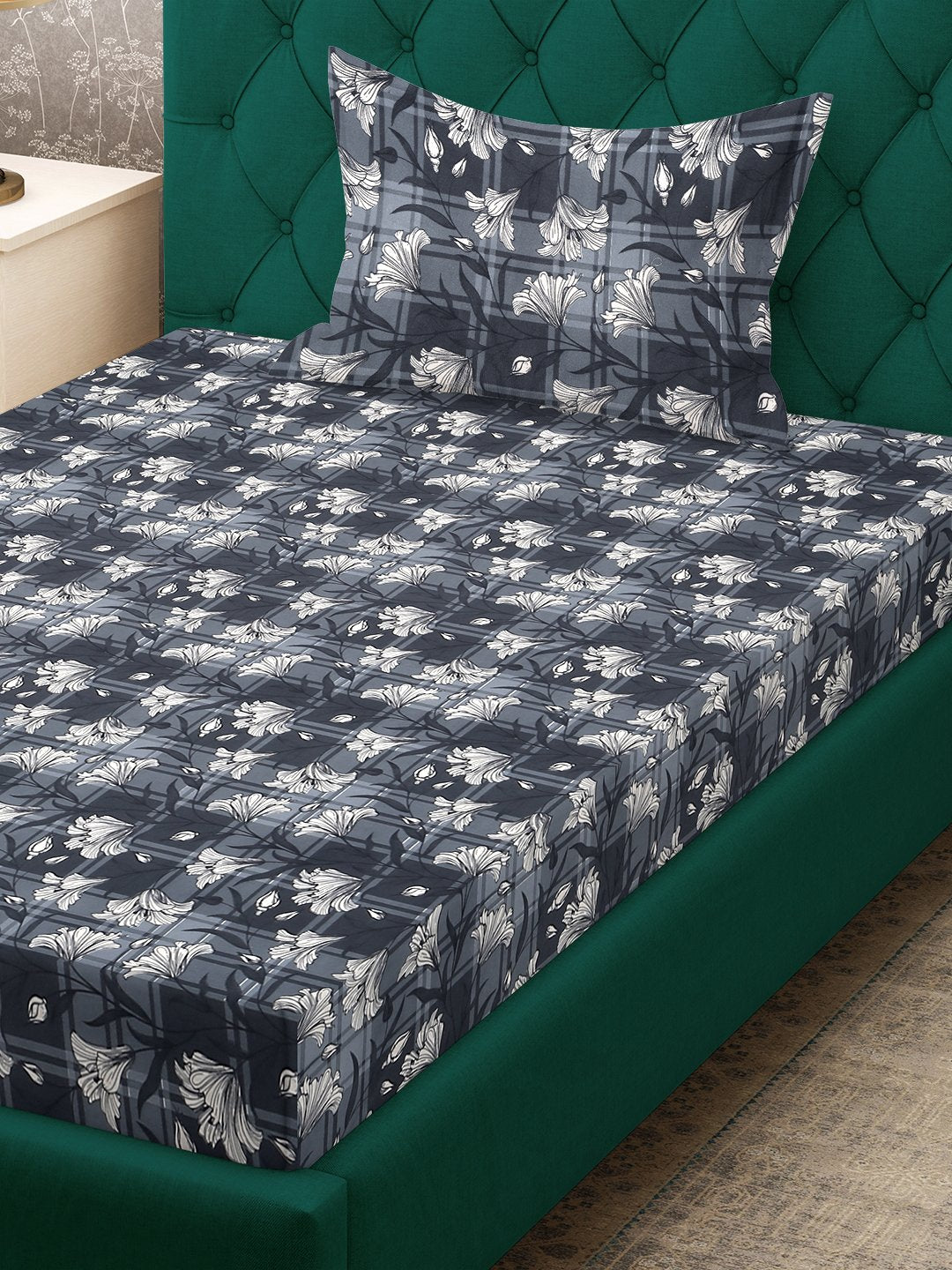 Grey Floral 300 TC Cotton Blend Fitted Single Bedsheet with Pillow Cover