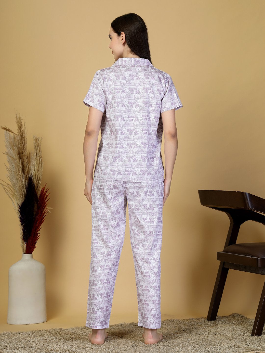 Women Purple Abstract Pure Cotton Night Suit