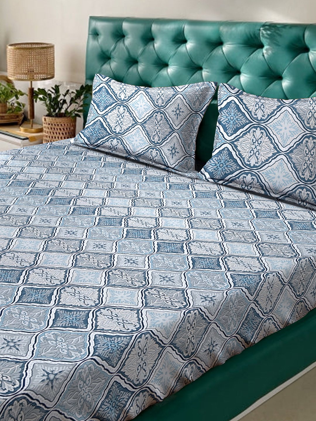 Blue Floral 400 TC Pure Cotton Fitted Double Bedsheet with 2 Pillow Covers