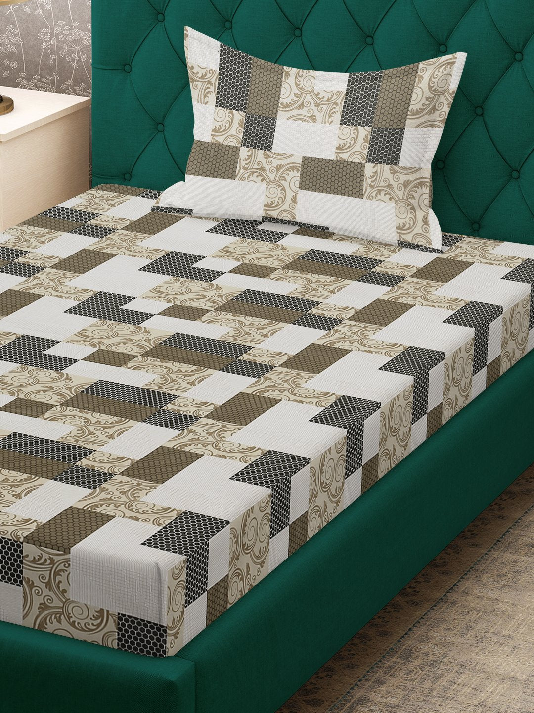 Multi Geometric 400 TC Pure Cotton Fitted Single Bedsheet with Pillow Cover