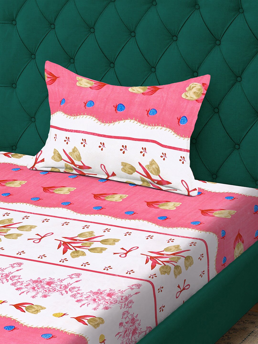 Pink Floral 300 TC Cotton Blend Single Bedsheet with Pillow Cover