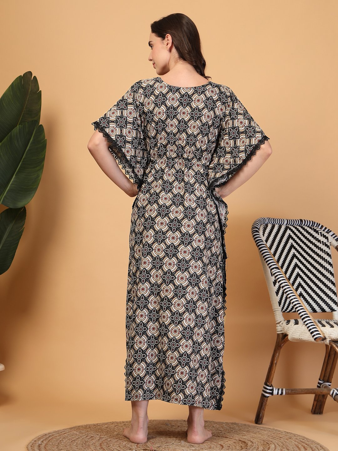 Black Floral Cotton Blend Kaftan Maxi Nightdress