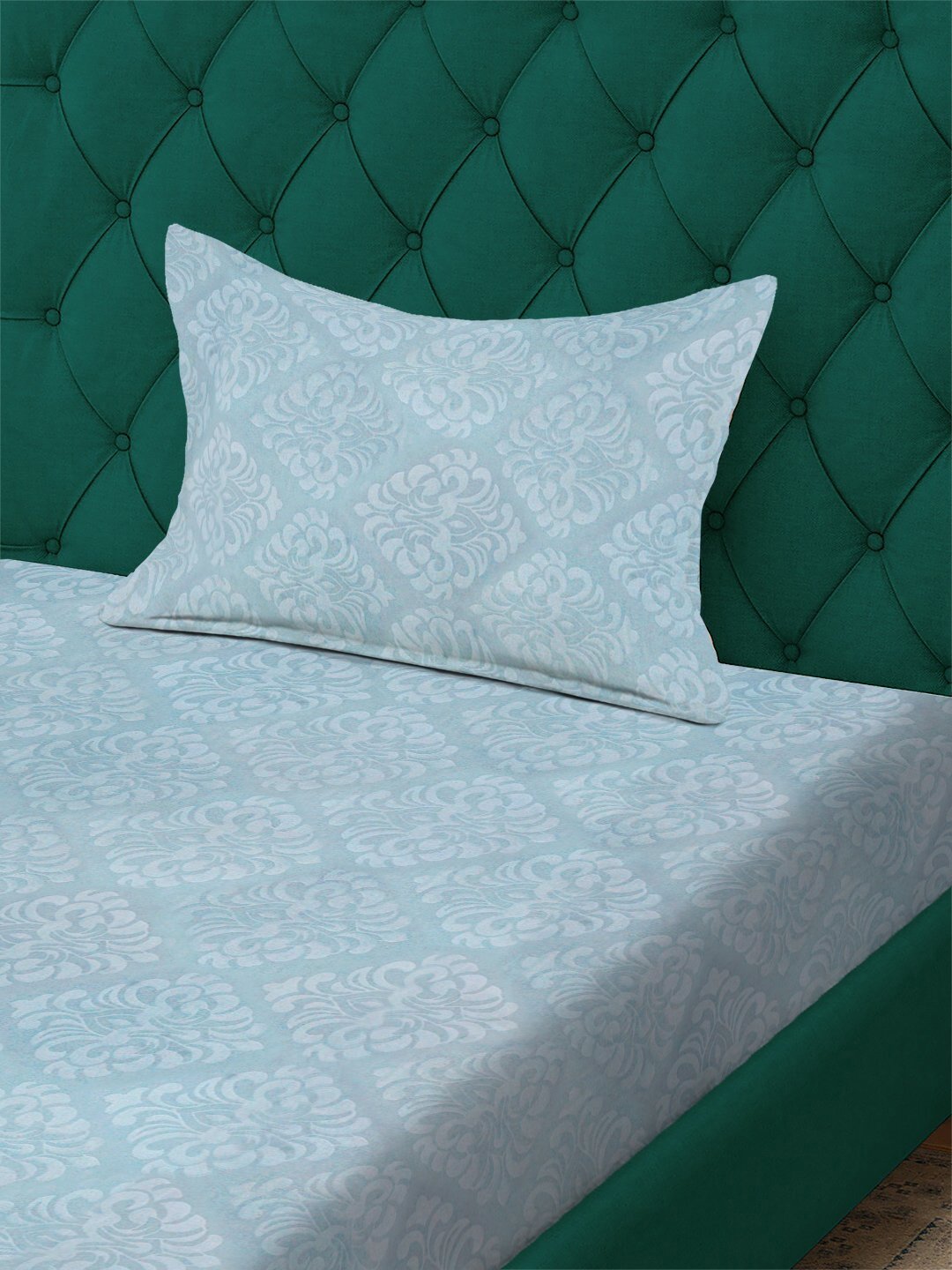 SkyBlue Floral Embossed Cotton Blend Fitted Fitted Single Bedsheet with Pillow Cover